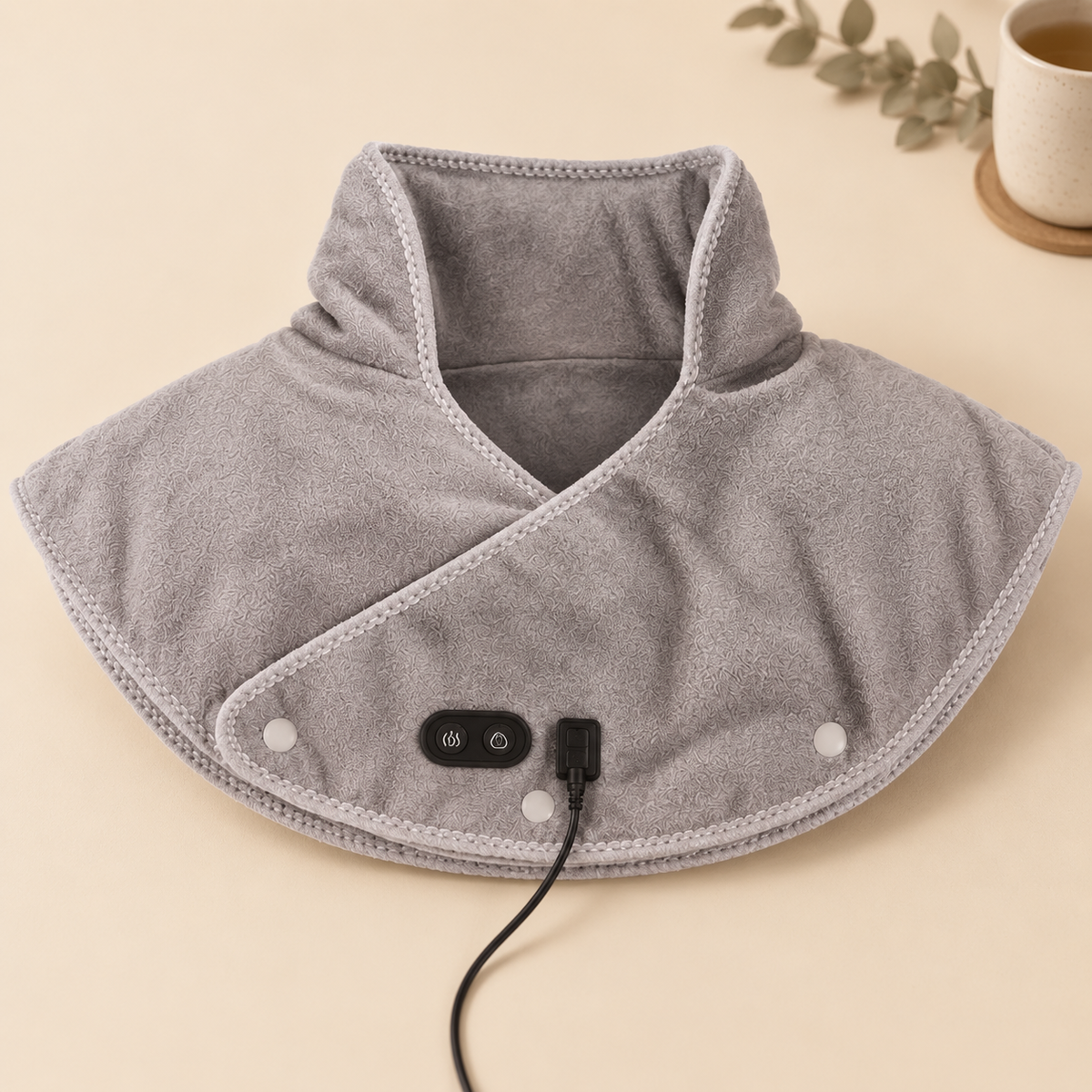 Softember heated shoulder wrap in soft grey with front controls and snap buttons
