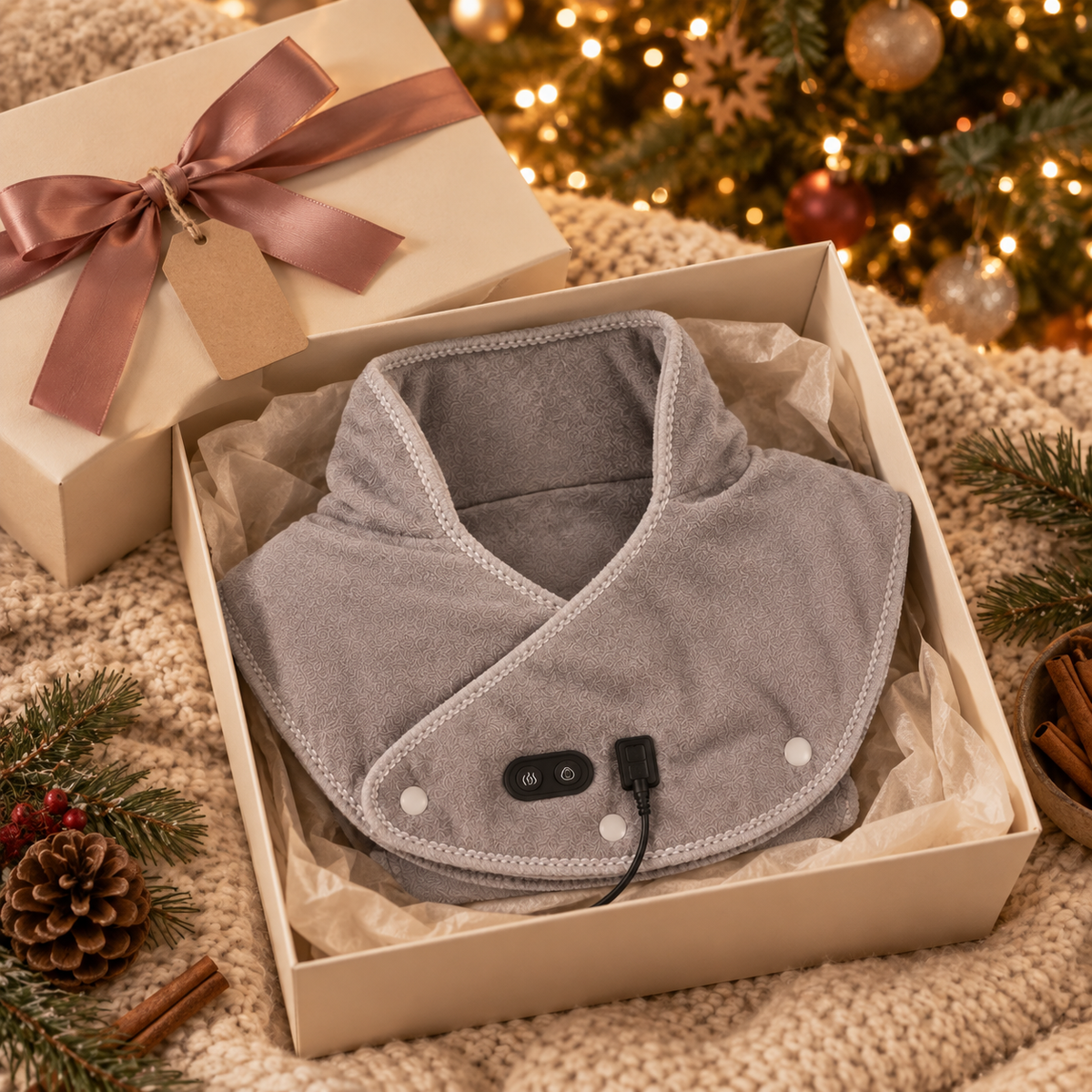 Softember heated shoulder wrap in a gift box by the Christmas tree