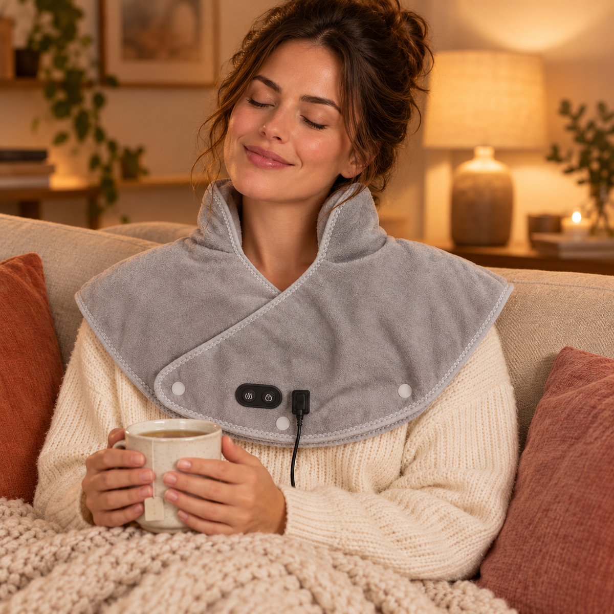 Woman relaxing on the sofa with tea, wearing the Softember heated shoulder wrap